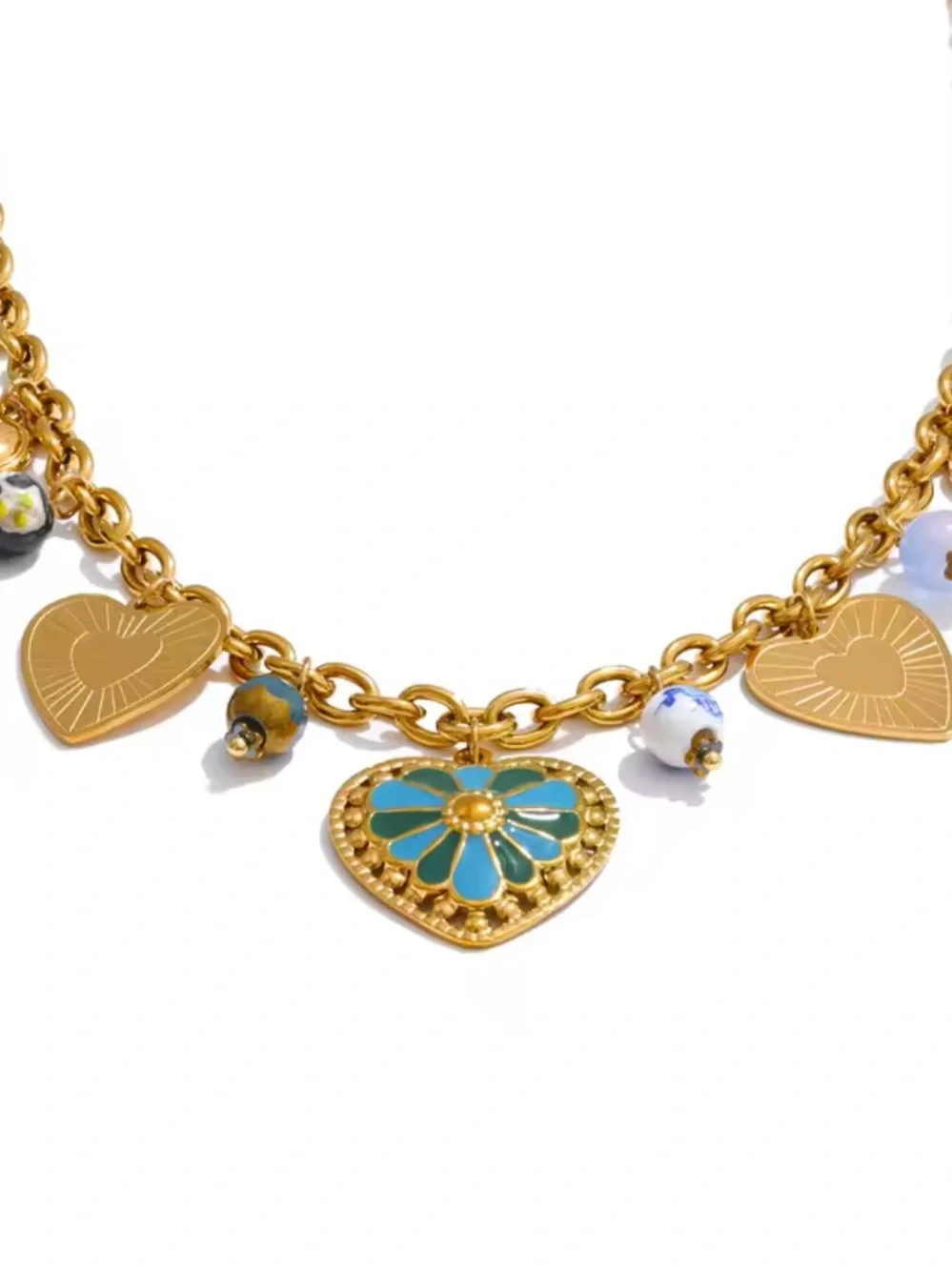 Mosaic Gold Heart Charm Necklace with Turquoise and Multicolor Beads - Picture 10 of 10